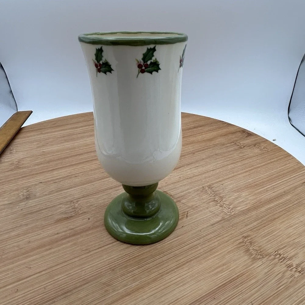 Studio Pottery - Small Merry Christmas Footed Vase Signed Holly And‎ Berries